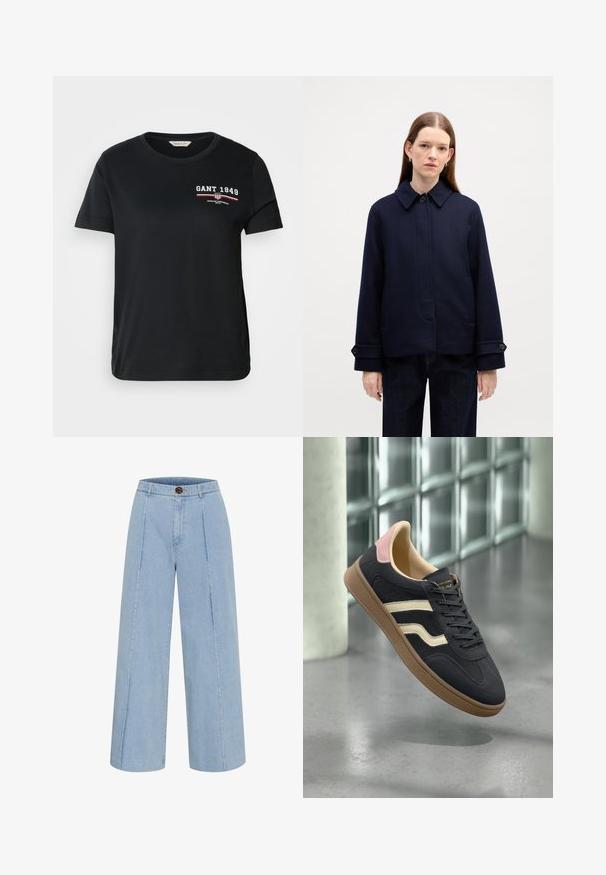 Merino villakangastakki, jossa on napilla suljettava kaulus, sivutaskut ja säädettävät hihansuut. Ominaisuuksiin kuuluu puhdas muotoilu ja teksturoitu kangas.; Musta puuvillapaita, jossa on pyöreä kaula-aukko ja lyhyet hihat. Vasemmassa rintaosassa on valkoinen ja punainen "GANT 1949" -logo ja teksti.; Vaaleansiniset leveälahkeiset farkut, jotka on valmistettu denimestä. Ne sisältävät napin kiinnityksen ja kaksi etuseamusta, jotka kulkevat pystysuunnassa.; Navy nahkakengät, joissa on vaaleanpunaisia yksityiskohtia kannassa ja kermaisia raitoja sekä teksturoitu vaalea kumipohja. Klassinen matala malli.