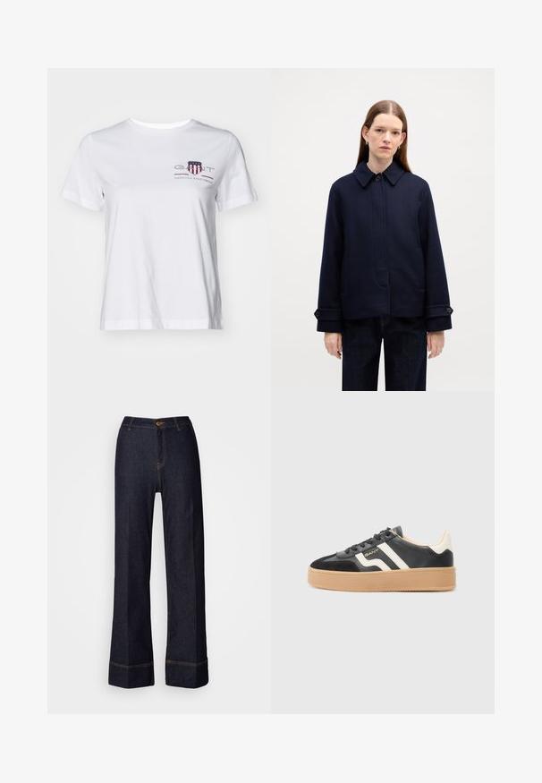 Marinblå ulljacka med knäppbar krage, sidofickor och justerbara ärmslut. Har en ren design och strukturerad tyg.; Vit bomullströja med korta ärmar, rund hals och en röd och blå broderad logotyp på vänster sida. Slät textur, avslappnad passform.; Mörka jeansbyxor med vida ben och hög midja, med en framknäppning och orange stickningar. Slät textur överallt.; Svarta lädersneakers med vita ränder och en sula av gummigummi. Har rundad tå och snörning med en texturerad ovandel. Logotyp synlig.