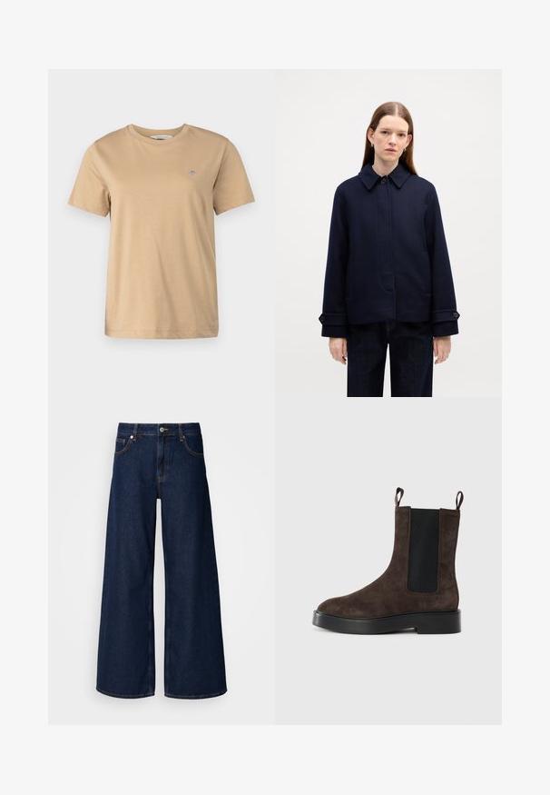 Tengerészkék gyapjúzakó gombos gallérral, oldalsó zsebekkel és állítható mandzsettákkal. Tiszta dizájnnal és texturált anyaggal rendelkezik.; GANT SHIELD - Basic póló - caramel beige; Széles szárú sötétkék farmernadrág magas derekú, elülső zsebekkel és gombos záródással. Kontrasztos varrással és sima textúrával rendelkezik.; Barna velúrbőr bokacsizma elasztikus oldalsó panelekkel és húzófülekkel. Kerek orrú és masszív fekete sarokkal rendelkezik a stabilitás érdekében.