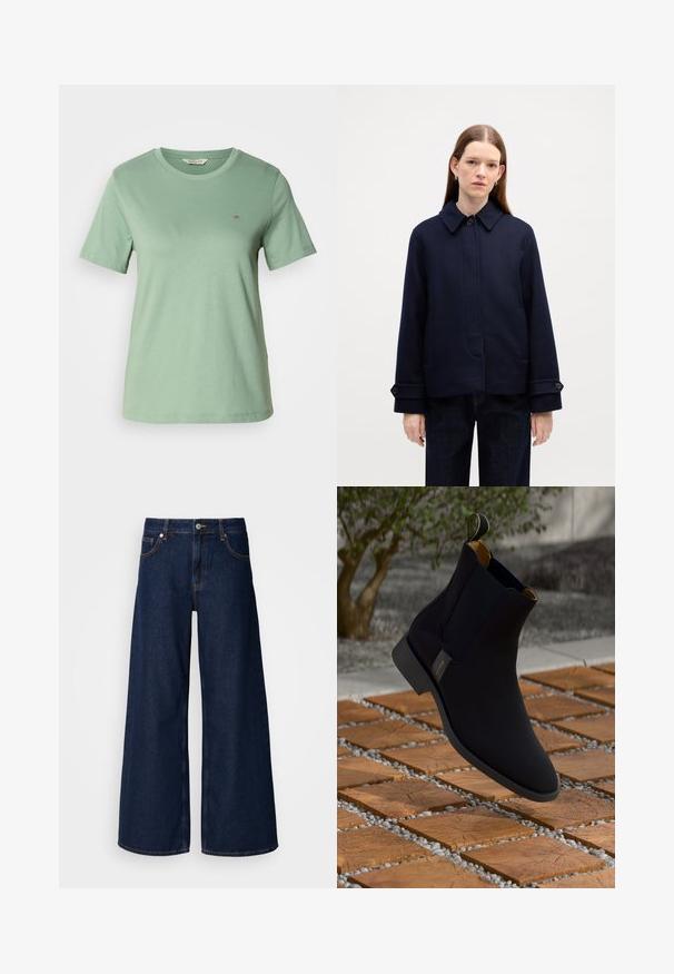 Marineblaue Wolljacke mit hochabschließendem Kragen, seitlichen Taschen und verstellbaren Manschetten. Hat ein schlichtes Design und eine strukturierte Oberfläche.; Hellgrünes Kurzarm-T-Shirt aus weichem Baumwollstoff. Runder Halsausschnitt und ein kleines gesticktes Logo auf der linken Brust. Angenehme Struktur.; Weite, dunkelblaue Jeans mit hoher Taille, Fronttaschen und Knopfverschluss. Merkmale sind Kontrastnähte und eine glatte Textur.; Schwarze Leder-Chelsea-Boots mit glatter Textur, gelber Innenausstattung und schwarzer Sohle, ausgestattet mit einer Schlaufe zum einfachen Anziehen.
