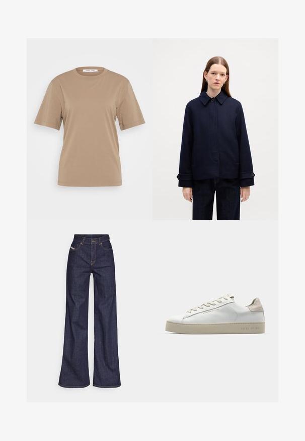 Jachetă din lână bleumarin cu guler cu nasturi, buzunare laterale și mansete ajustabile. Oferă un design simplu și un material texturat.; Cămașă T-shirt din bumbac maro, cu mâneci scurte, guler rotund și un detaliu discret embosat pe față. Textură netedă și croială lejeră.; Blugi taille mare, de culoare albastru închis, din material denim, cu croială largă, cu cusături portocalii, design cu cinci buzunare și închidere cu nasture.; Adidași din piele albă cu finisaj neted, accente din suede bej, vârf rotund, design cu șireturi plate și talpă din cauciuc texturat.