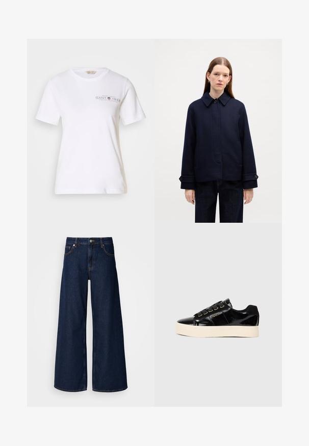Chaqueta de lana azul marino con collar abotonado, bolsillos laterales y puños ajustables. Presenta un diseño limpio y una textura de tela.; Camiseta de algodón blanca con mangas cortas y cuello redondo, con un logo y texto impresos en gris oscuro en la parte frontal. Textura suave.; Jeans de mezclilla azul oscuro de pierna ancha con una cintura alta, bolsillos frontales y cierre de botón. Presentan costuras en contraste y una textura suave.; Zapatillas de charol negro con suela plana color crema. Presentan cordones negros, ojales dorados y detalle del logo en el lateral. Diseño de punta redonda.