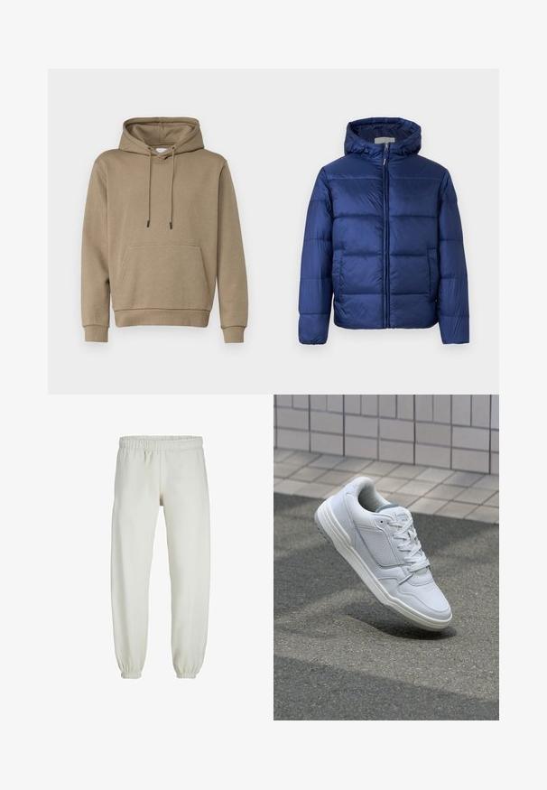 Sötétkék puffos dzseki kapucnival, steppelt részekkel, elülső cipzárral és elasztikus mandzsettákkal a melegség és kényelem érdekében.; Világosbarna kapucnis pulóver, puha anyagból készült. Elöl nagy zsebe van és bordás mandzsettákkal rendelkezik. Egyszerű dizájn, húzózsinórral.; Fehér melegítőnadrág, puha anyagból készült, rugalmas derékrésszel és mandzsettával, sima tapintású és laza szabású.; Fehér bőr sneaker perforált oldalakkal, texturált részletekkel, lapos fűzőkkel és kontrasztos szürke sarokkal. Enyhén megemelt talppal rendelkezik.