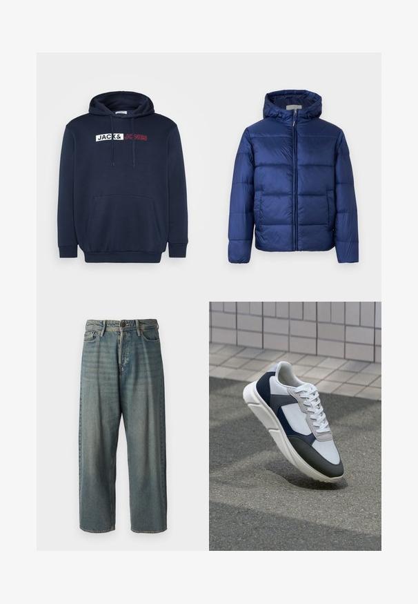 Námorně modrá péřová bunda s kapucí, s prošívanými sekcemi, předním zipem a elastickými manžetami pro teplo a komfort.; Námořnická modrá mikina s klokaní kapsou, kapucí na šňůrku a bílým/červeným potištěným logem s nápisem "JACK & JONES" přes hrudník.; Světle modré denimové džíny s volným střihem, středně vysokým pasem a rovnými nohavicemi. Obsahují pět kapes, poutka na opasek a zapínání na knoflík.; Bílé, námořnické a šedé tenisky s kombinovaným materiálovým designem, který zahrnuje texturovaný svršek, ploché šňůrky a polstrovanou podešev.