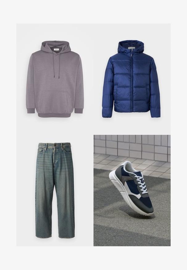 Marineblå puffjakke med hette, som har quiltede seksjoner, frontglidelås og elastiske mansjetter for varme og komfort.; Grå hettegenser med snøring i hetten, lommer foran, ribbestrikkede mansjetter og nederkant. Laget av myk bomullsblend med en glatt tekstur.; Lyseblå denimjeans med løs passform, midjehøyde og rette ben. Har fem lommer, beltehemper og knappelukking.; Sneakers med en navy blå mesh-overdel, grå sømværk, hvit gummisåle og flate hvite snører, designet for komfort og pusteevne.