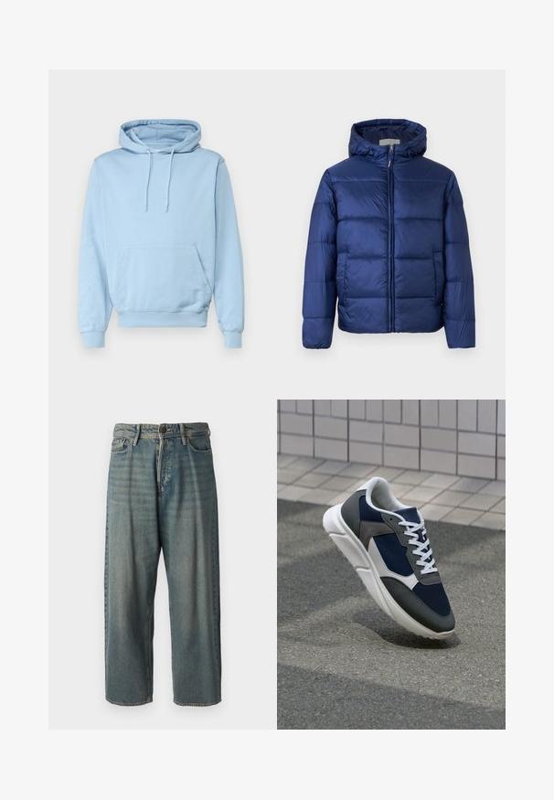 Námorně modrá péřová bunda s kapucí, s prošívanými sekcemi, předním zipem a elastickými manžetami pro teplo a komfort.; Světle modrá mikina s kapucí vyrobená z měkkého materiálu, s přední klokankou a kapucí na šňůrku. Žebrované manžety a lem.; Světle modré denimové džíny s volným střihem, středně vysokým pasem a rovnými nohavicemi. Obsahují pět kapes, poutka na opasek a zapínání na knoflík.; Tenisky s horní částí z námornicky modré síťoviny, šedými semišovými akcenty, bílou gumovou podrážkou a plochými bílými tkaničkami, navržené pro pohodlí a prodyšnost.