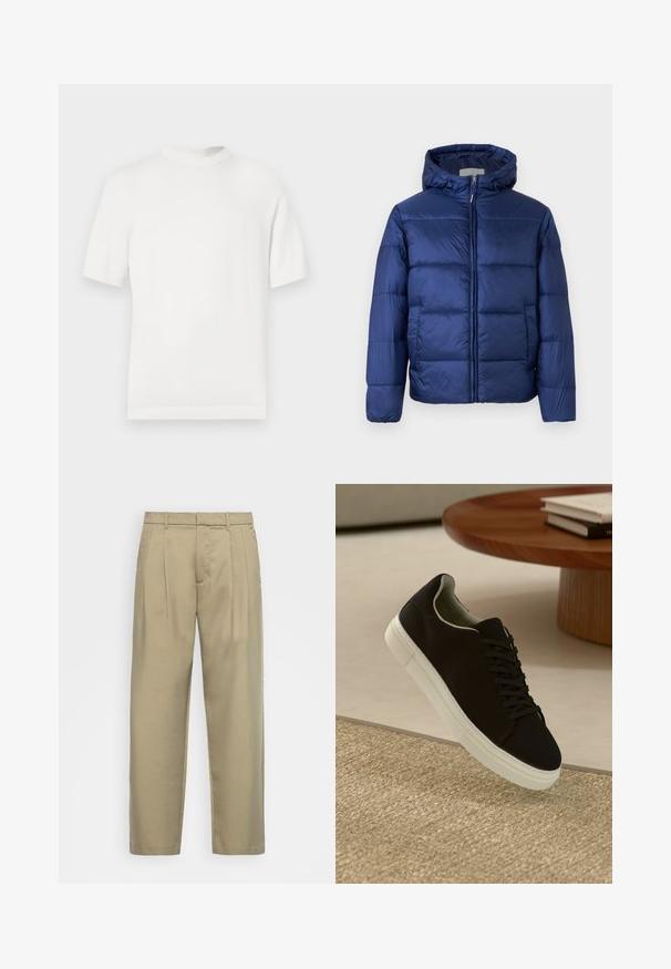 Sötétkék puffos dzseki kapucnival, steppelt részekkel, elülső cipzárral és elasztikus mandzsettákkal a melegség és kényelem érdekében.; Fehér, rövidujjú, kötött póló kerek nyakkivágással, sima textúrával és bordázott részletekkel a gallérnál és az alján.; Beige, magas derékú, egyenes szabású nadrág, lapos elejével, oldalsó zsebeivel és sima, textúrált anyagával.; Fekete sneakers fehér talppal lebeg egy bézs textúrájú szőnyeg felett, egy kerek fából készült asztal közelében, rajta egymásra pakolt könyvekkel.