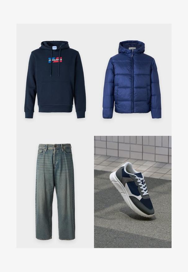 Tumši zila pūkainā jaka ar kapuci, ar quilted daļām, priekšējo rāvējslēdzēju un elastīgām piedurknēm siltumam un komfortam.; Jūras spēku zila kapuce ar priekšējo kangaroo kabatu, kapuces aukliņām un logo sarkanā un zilā krāsā, ar mīkstu, gludu tekstūru un ribotām piedurknēm.; Gaiši zili džinsi ar brīvu piegriezumu, vidējo jostas augstumu un taisnām kājām. Satur piecas kabatas, jostas cilpas un pogu aizdari.; Sporta apavi ar tumši zilas krāsas tīkla augšdaļu, pelēku zamšādas akcentiem, baltu gumijas zoli un plakaniem baltiem šņorēm, kas izstrādāti komfortam un elpojamībai.