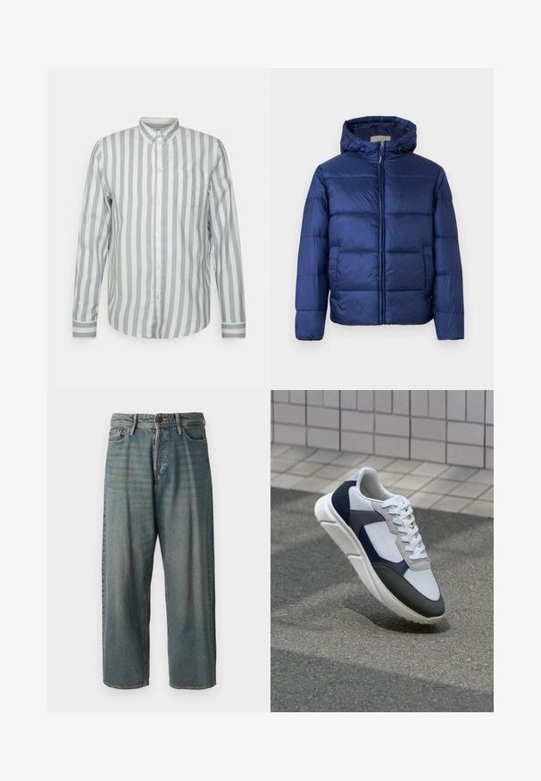 Tamsiai mėlynas pūkinis švarkas su kapišonu, turintis siuvinėtas dalis, priekinius zip užtrauktuką ir elastines rankoves šilumai ir komfortui.; Šviesiai mėlynas ir kreminės baltos juostelės marškiniai su mygtukais. Turi klasikinius atvartus, ilgas rankoves ir krūtinės kišenę. Minkšta medžiaga, laisvas kirpimas.; Šviesiai mėlyni džinsai su laisvu siluetu, vidutinio aukščio juosmeniu ir tiesiomis kojomis. Su penkiais kišenėmis, diržo kilpo ir mygtukų uždarymu.; Baltos, tamsiai mėlynos ir pilkos sportbačiai su mišriomis medžiagomis, turintys tekstūruotą viršutinę dalį, plokščius raištelius ir paminkštintą pado dalį.
