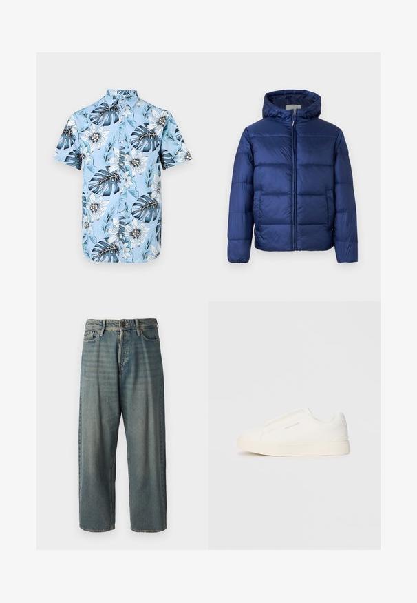 Mornarsko modra napihnjena jakna s kapuco, ki ima prešit dele, sprednji zip in elastične manšete za toploto in udobje.; Srajca s kratkimi rokavi iz svetlo modrega blaga, okrašena s tropskim cvetličnim vzorcem z velikimi listi in cvetovi, z gumbnim zapiranjem spredaj.; Svetlomoderne kavbojke z ohlapnim krojem, srednjim pasom in ravnimi nogami. Imajo pet žepov, zanke za pas in zapiranje na gumb.; Bele zapete brez vezalk z teksturirano površino, debelim podplatom in minimalističnim dizajnom. Na strani se nahaja logotip blagovne znamke.
