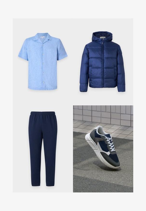 Sötétkék puffos dzseki kapucnival, steppelt részekkel, elülső cipzárral és elasztikus mandzsettákkal a melegség és kényelem érdekében.; Rövid ujjú gombos ing világoskék vászonból, amely gallérral, elöl gombos záródással és laza szabással rendelkezik. Sima tapintás, minimális részletezéssel.; Tengerészkék, puha pamut keverékből készült melegítőnadrág, rugalmas derékpánttal és szűkülő lábakkal, látható minták vagy díszítések nélkül.; Cipő, amelynek sötétkék hálós felsőrésze, szürke velúr díszítései, fehér gumitalpa és lapos fehér fűzője van, a kényelem és a légáteresztő képesség érdekében tervezve.