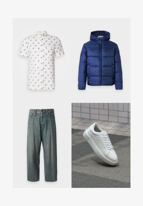 Dunkelblaues Steppjacke mit Kapuze, ausgestattet mit gesteppten Abschnitten, einem Reißverschluss vorne und elastischen Bündchen für Wärme und Komfort.; Kurzärmeliges, weißes Leinenhemd mit subtilem navy Muster, Button-down-Kragen und einer einzelnen Brusttasche. Strukturiert, atmungsaktiver Stoff.; Helle blaue Denim-Jeans mit lockerer Passform, mittelhoher Taille und geraden Beinen. Hat fünf Taschen, Gürtelschlaufen und einen Knopfverschluss.; Weiße Leder-Sneaker mit glatter Oberfläche, runder Zehenpartie und flachen weißen Schnürsenkeln. Verfügt über eine strukturierte Gummisohle und minimalistische Designelemente.