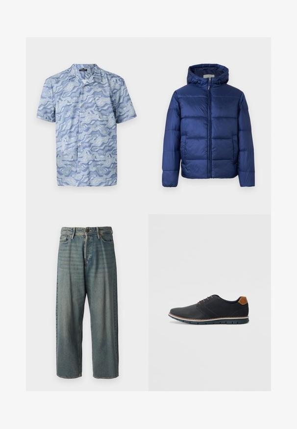 Tamsiai mėlynas pūkinis švarkas su kapišonu, turintis siuvinėtas dalis, priekinius zip užtrauktuką ir elastines rankoves šilumai ir komfortui.; Šviesiai mėlyna trumpomis rankovėmis marškinėliai su bangų raštu. Pagaminti iš minkštos medžiagos, turi mygtukinį užsegimą ir stovyklos stiliaus apykaklę.; Šviesiai mėlyni džinsai su laisvu siluetu, vidutinio aukščio juosmeniu ir tiesiomis kojomis. Su penkiais kišenėmis, diržo kilpo ir mygtukų uždarymu.; Juodi sintetiniai batai su tekstūruotu paviršiumi, lygiomis detalėmis, ruda kulna ir kontrastingu padu. Yra minimalus raištelių užsidėjimas ir siuvimo detalės.