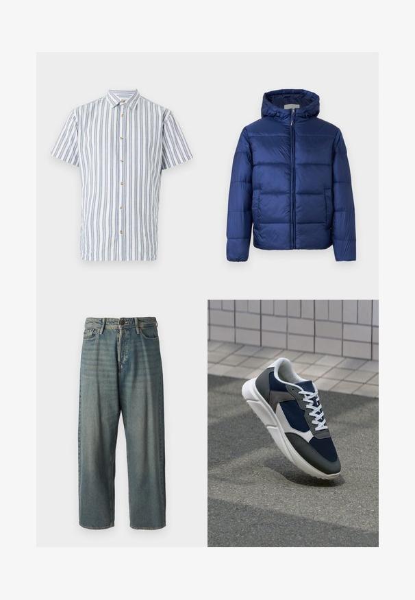 Geacă pufă albastru închis cu glugă, cu secțiuni matlasate, fermoar frontal și manșete elastice pentru căldură și confort.; Cămașă cu mâneci scurte, în dungi albastre și albe, având un guler cu nasturi și nasturi bej. Fabricată dintr-un material texturat.; Jeans din denim bleu deschis, cu o croială lejeră, talie medie și picioare drepte. Au cinci buzunare, bucle pentru curea și închidere cu nasture.; Adidași cu un uppers din plasă albastră închisă, accente din suede gri, talpă din cauciuc alb și șireturi plate albe, concepuți pentru confort și respirabilitate.
