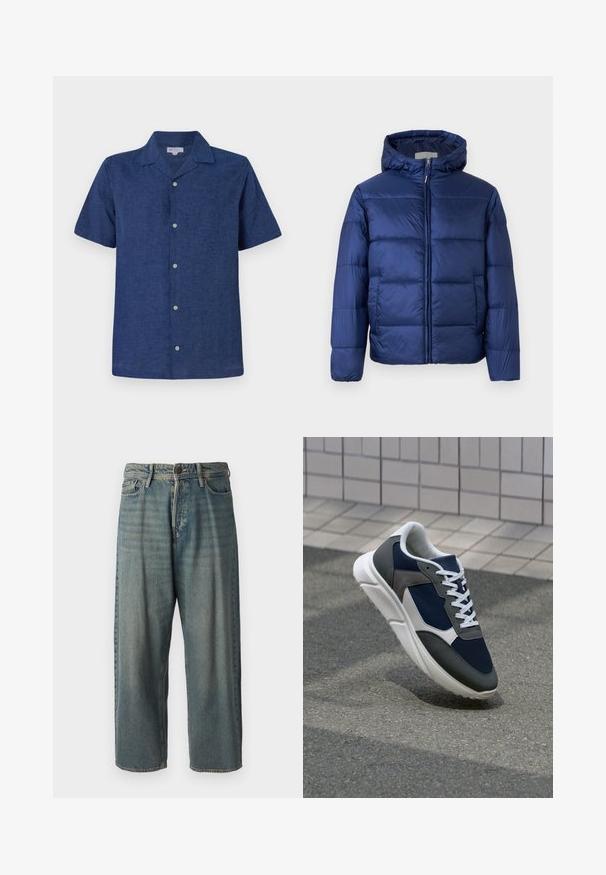 Giubbotto imbottito blu navy con cappuccio, caratterizzato da sezioni trapuntate, una zip frontale e polsini elasticizzati per calore e comfort.; Camicia a maniche corte di colore blu navy, realizzata in tessuto traspirante, dotata di colletto, bottoni funzionali e una finitura leggermente testurizzata.; Jeans di denim azzurro chiaro con vestibilità ampia, vita media e gambe dritte. Presenta cinque tasche, passanti per cintura e chiusura con bottone.; Sneaker con tomaia in rete blu navy, inserti in suede grigio, suola in gomma bianca e lacci bianchi piatti, progettata per comfort e traspirabilità.