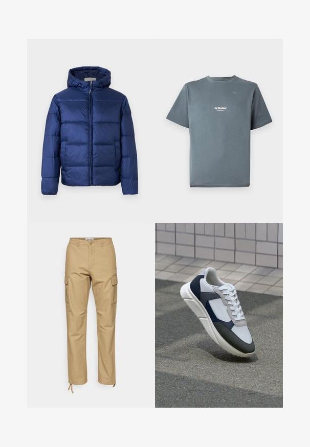 Tamno plava puffer jakna s kapuljačom, s ukrašenim dijelovima, prednjim patentnim zatvaračem i elastičnim manžetama za toplinu i udobnost.; Siva pamukasta majica s okruglim izrezom, kratkim rukavima i malim bijelim logotipom "JJ Studios" na prsima. Glatka tekstura i opušteni kroj.; Kaki cargo hlače s ravnim fitom, izrađene od pamuka. Značajke uključuju bočne džepove, zatvaranje na gumb i podesive vezice na gležnjevima.; Bijela, mornarsko plava i siva tenisica s dizajnom od miješanih materijala, koja ima teksturirani gornji dio, ravne vezice i udoban đon.
