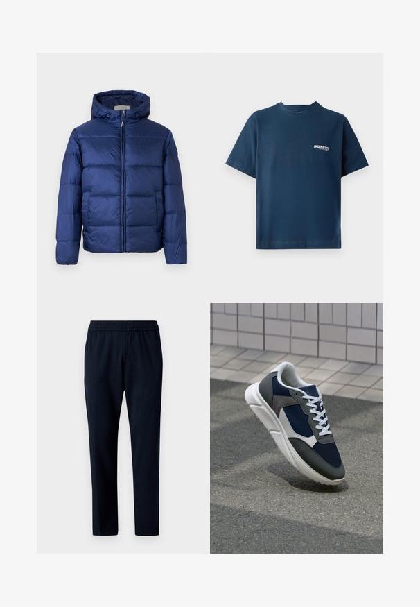 Tamno plava puffer jakna s kapuljačom, s ukrašenim dijelovima, prednjim patentnim zatvaračem i elastičnim manžetama za toplinu i udobnost.; Tamno plavi pamučni majica s kratkim rukavima i okruglim izrezom. Ima mali bijeli logo na lijevoj strani prsnog područja. Mekana tekstura.; Hlače mornarsko plave boje s uzorkom prugica, s elastičnim pojasom i suženim oblikom. Izrađene od tkanine.; Tenisice s gornjim dijelom od mrežastog materijala tamnoplave boje, siva antilopova naglašavanja, bijela gumena potplat i ravne bijele vezice, dizajnirane za udobnost i prozračnost.