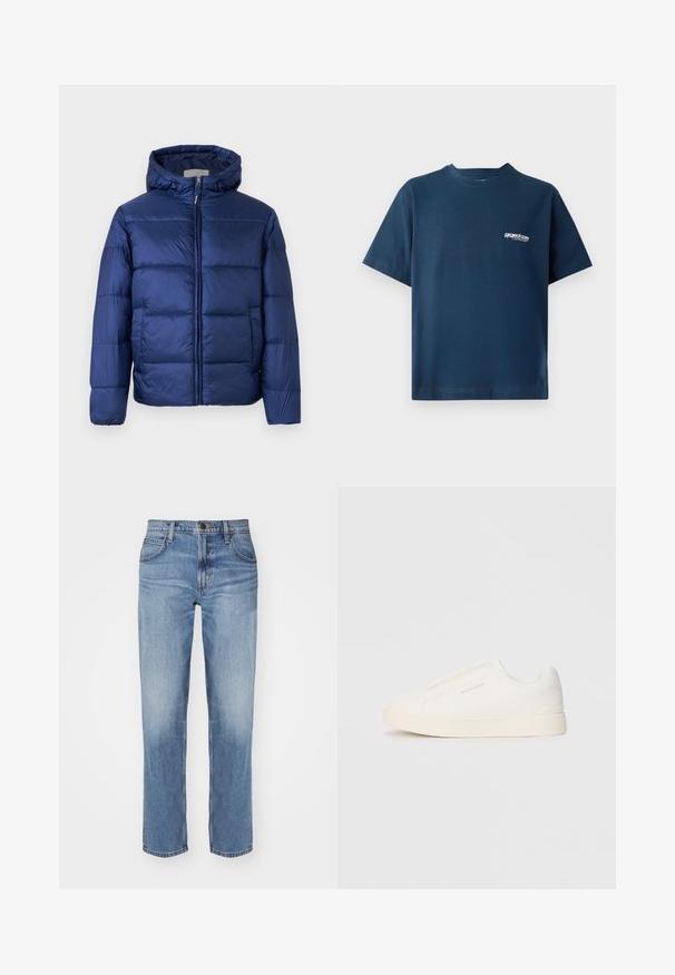 Casaco puffer azul-marinho com capuz, apresentando seções acolchoadas, um fecho dianteiro e punhos elásticos para calor e conforto.; Camiseta de algodão azul marinho com mangas curtas e decote redondo. Apresenta um pequeno logótipo branco na área do peito esquerdo. Textura suave.; Calças de ganga de um azul claro com um design de perna reta, estilo de cinco bolsos e um acabamento ligeiramente desbotado. Apresenta um fecho tradicional com botão e zip.; Sapatilhas brancas de atacar com uma superfície texturizada, sola grossa e design minimalista. Possui o logo da marca na lateral.