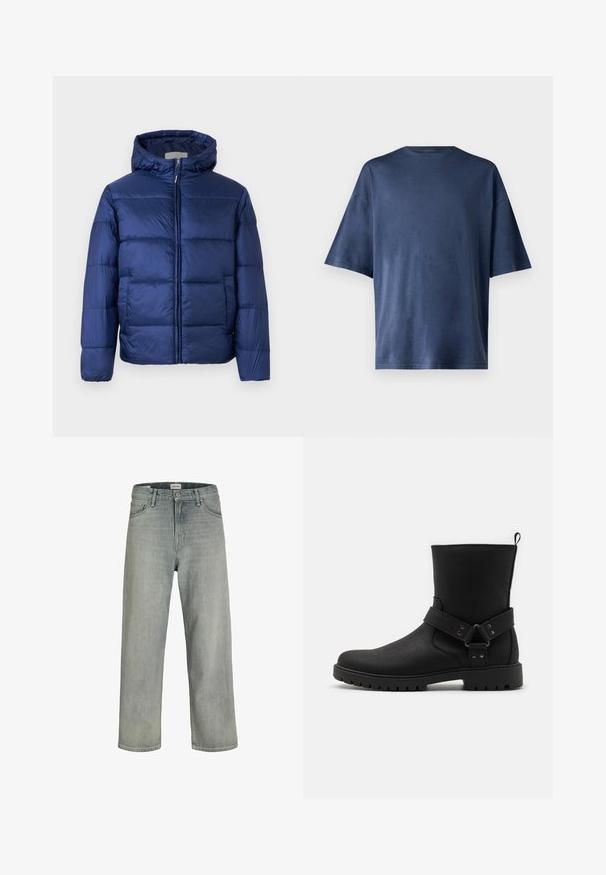 Tume sinine puhvis jope kapuutsiga, millel on tikkimisosa, eesnäpp ja elastsed mansetid sooja ja mugavuse tagamiseks.; Tumesinine lühikeste varrukatega T-särk, valmistatud pehmest kangast, omab klassikalist ümarat kaelust ja mugavat lõiget, ilma nähtavate mustrite või aktsentideta.; Heledad hallhallid, laia lõikega denimist teksased. Omavad klassikalist viie tasku disaini, vööloopse ja sirget säärelõiget.; Mustad musta nahaga sisetallaga saapad, millel on külgrihm ja metallist detailid ning kareda kummist tald hea haarduvuse jaoks.