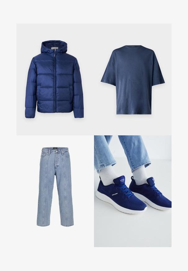Giubbotto imbottito blu navy con cappuccio, caratterizzato da sezioni trapuntate, una zip frontale e polsini elasticizzati per calore e comfort.; Maglietta a maniche corte blu navy, realizzata in un tessuto morbido, presenta un classico colletto girocollo e una vestibilità comoda, senza motivi o dettagli visibili.; Jeans in denim blu chiaro con una vestibilità ampia, gambe larghe e dettagli di cucitura visibili. Presenta una chiusura con bottone e zip, cinque tasche.; Jack & Jones JFWCROXLEY - Sneakers basse - medieval blue