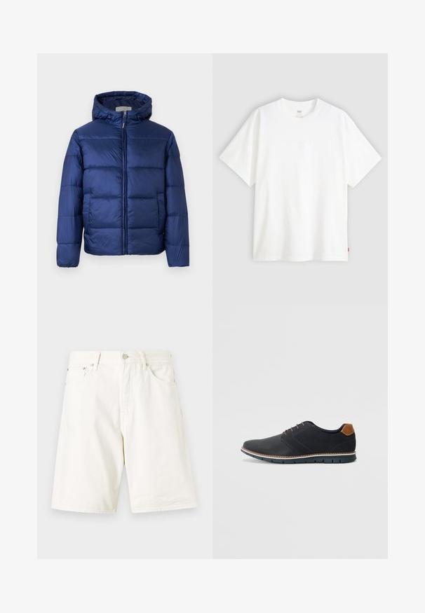 Mornarsko modra napihnjena jakna s kapuco, ki ima prešit dele, sprednji zip in elastične manšete za toploto in udobje.; Bela kratka majica s kratkimi rokavi iz bombaža s krožnim izrezom. Ima diskretno embosirano logotipno podrobnost spredaj in rdečo etiketo na robu.; Beli džins kratke hlače z ravnim krojem, opremljene z pasom, zadrgo in dvema sprednjima žepoma. Gladka tekstura in preprost dizajn.; Črne sintetične čevlje z teksturirano zgornjščino, gladkimi akcenti, rjavim petnim delom in kontrastnim podplatom. Imajo minimalno vezanje in detajle šivanja.