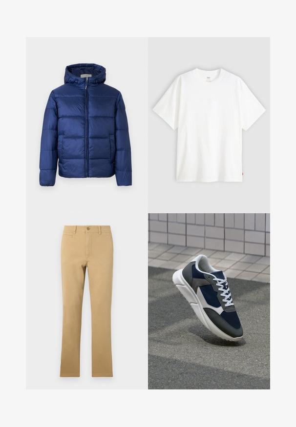 Tamno plava puffer jakna s kapuljačom, s ukrašenim dijelovima, prednjim patentnim zatvaračem i elastičnim manžetama za toplinu i udobnost.; Bijela kratka majica od pamuka s okruglim izrezom. Sadrži suptilni reljefni logo detalj sprijeda i crvenu oznaku na rubu.; Kaki hlače ravnog kroja od pamuka, s kopčanjem na gumb, prednjim džepovima i glatkom teksturom.; Tenisice s gornjim dijelom od mrežastog materijala tamnoplave boje, siva antilopova naglašavanja, bijela gumena potplat i ravne bijele vezice, dizajnirane za udobnost i prozračnost.
