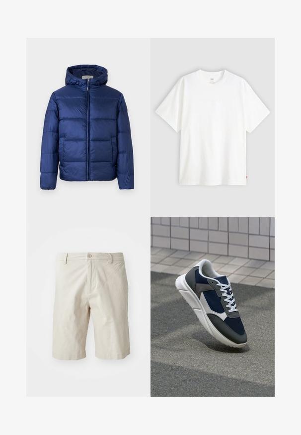 Sötétkék puffos dzseki kapucnival, steppelt részekkel, elülső cipzárral és elasztikus mandzsettákkal a melegség és kényelem érdekében.; Fehér, rövid ujjú pamut póló, kerek nyakkivágással. Az elülső részen finom, domború logós részlet található, valamint egy piros cimke az alsó szegélyen.; Beige pamut rövidnadrág elülső gombos zárással, övhurkokkal és egyenes lábformával. Simma textúra, ami éppen a térd felett ér véget.; Cipő, amelynek sötétkék hálós felsőrésze, szürke velúr díszítései, fehér gumitalpa és lapos fehér fűzője van, a kényelem és a légáteresztő képesség érdekében tervezve.