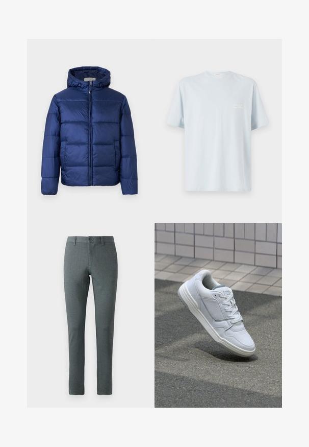 Tume sinine puhvis jope kapuutsiga, millel on tikkimisosa, eesnäpp ja elastsed mansetid sooja ja mugavuse tagamiseks.; Hele sinine puuvillane t-särk, millel on ümar kaelus ja lühikesed varrukad. Vasakul rinna piirkonnas on väike valge logo. Sile tekstuur.; Hallitusestatud kangaga hallid kohandatud püksid, sirge lõikega, nööbi sulgemisega, vöökohaga silmadega ja kitsaste looduslike disainiga.; Valge nahkne toss, millel on perforeeritud külgedega, tekstuuriga aktsendid, lame pael ja kontrastne hall konts. Omab veidi tõstetud tallat.