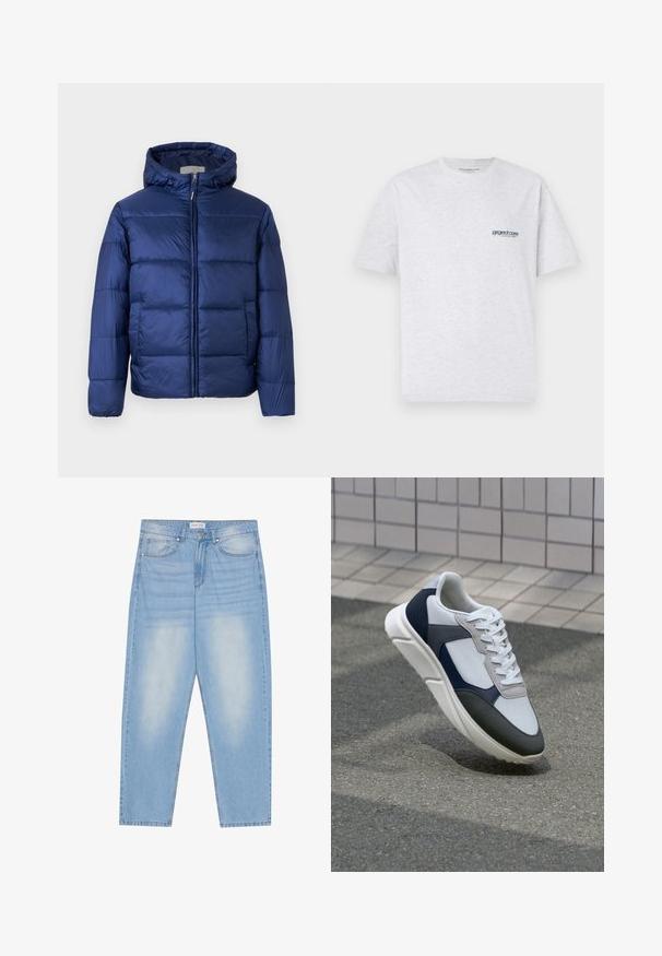 Casaco puffer azul-marinho com capuz, apresentando seções acolchoadas, um fecho dianteiro e punhos elásticos para calor e conforto.; T-shirt cinza de manga curta com um pequeno logótipo azul "project core" no lado esquerdo do peito, exibido em fundo simples.; Jeans de denim azul claro com um corte relaxado, apresentando cinco bolsos, desbotamento subtil e costuras ao longo das costuras.; Sapatilhas brancas, azuis-marinho e cinzas com um design de materiais mistos, apresentando uma parte superior texturizada, atacadores planos e uma sola acolchoada.