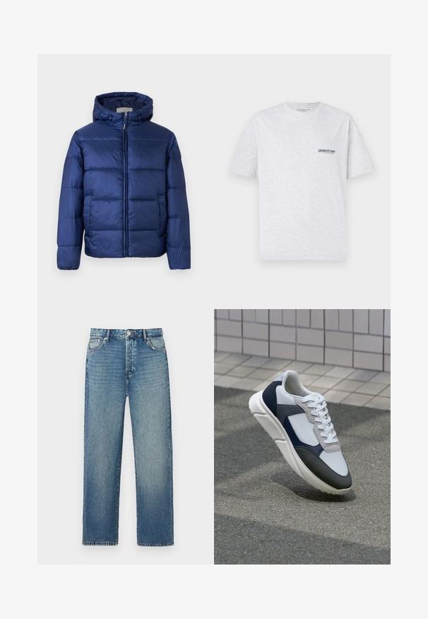 Marineblå puffjakke med hette, som har quiltede seksjoner, frontglidelås og elastiske mansjetter for varme og komfort.; Grå kortermet T-skjorte med en liten blå "project core" logo på venstre side av brystet, vist på en enkel bakgrunn.; Blå denimbukser med rett snitt, med et klassisk fem-lomme design, synlige sømmer og en falmet vask.; Hvitt, marineblått og grått sportsko med en blandet materialdesign, som har en teksturert overdel, flate snørebånd og en polstret såle.