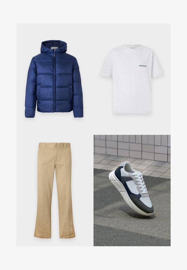 Tumši zila pūkainā jaka ar kapuci, ar quilted daļām, priekšējo rāvējslēdzēju un elastīgām piedurknēm siltumam un komfortam.; Pelēks īsām piedurknēm T-krekls ar mazu zilu "projekta kods" logotipu kreisajā krūtīs, parādīts uz vienkārša fona.; Bežīgas flared bikses, izgatavotas no kokvilnas un sintētisko šķiedru maisījuma, ar pogu aizdari, jostu cilpām un gludu priekšpusi.; Balti, tumši zili un pelēki sporta apavi ar jauktu materiālu dizainu, kuram ir teksturēts augšdaļa, plakani šņores un mīkstināta zole.