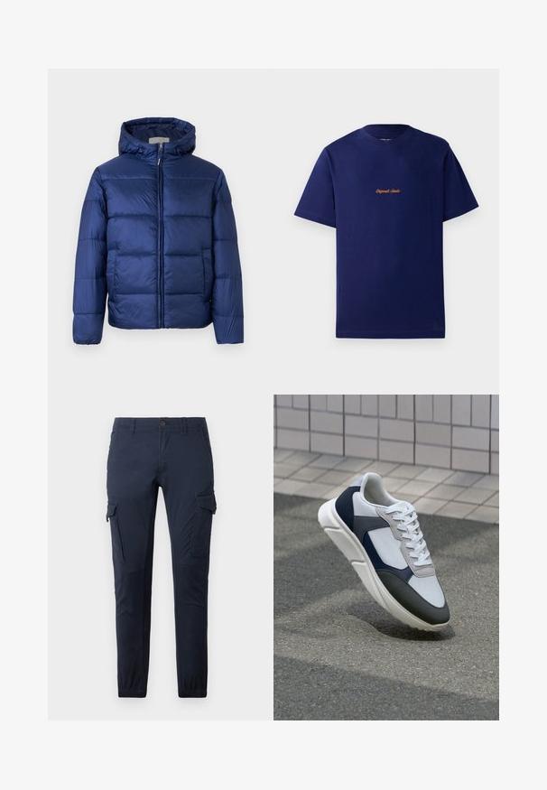 Geacă pufă albastru închis cu glugă, cu secțiuni matlasate, fermoar frontal și manșete elastice pentru căldură și confort.; Tricou din bumbac de culoare albastru marin, cu mâneci scurte. Prezintă un mic logo brodat, de culoare portocalie, la piept. Design clasic cu guler rotund.; Pantaloni cargo navy fabricați dintr-un material durabil, având mai multe buzunare, un talie cu un nasture și manșete elasticizate la glezne.; Tenisi albi, bleumarin și gri, cu un design din materiale mixte, având un superior texturat, șireturi plate și o talpă căptușită.