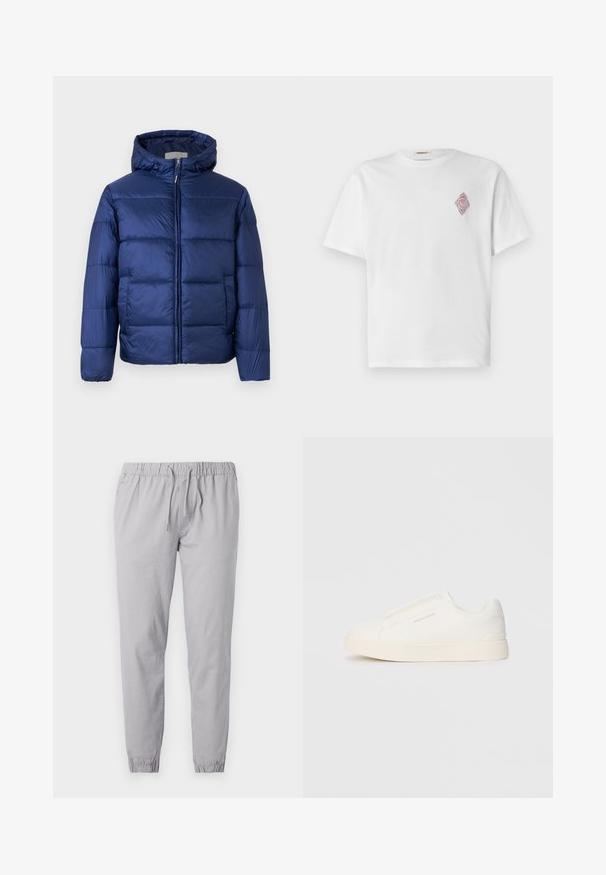 Tamsiai mėlynas pūkinis švarkas su kapišonu, turintis siuvinėtas dalis, priekinius zip užtrauktuką ir elastines rankoves šilumai ir komfortui.; Balti medvilninė marškinėliai trumpomis rankovėmis, papuošti raudonu siuvinėtu deimanto dizainu kairėje krūtinės pusėje. Klasikinis apvalus iškirpimas.; Šviesiai pilkos sportinės kelnės, pagamintos iš minkštos medžiagos, su elastinga juosta ir raišteliu, bei siaurėjančiomis klešnėmis su surinktu apdaila.; Baltos slip-on sportbačiai su tekstūruota paviršiumi, storesniu padu ir minimalistišku dizainu. Šone matosi prekės ženklo logotipas.