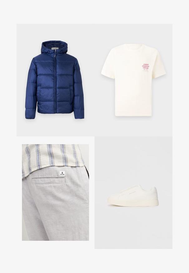 Marineblå puffjakke med hette, som har quiltede seksjoner, frontglidelås og elastiske mansjetter for varme og komfort.; Hvit T-skjorte med korte ermer og rød tekst "Studio Originals Edition" på venstre bryst, vist på en nøytral grå bakgrunn.; Lys grå linbukser med en baklomme og et lite merke. Stoffet har en myk, teksturert overflate.; Hvite slip-on joggesko med teksturert overflate, tykk såle og minimalistisk design. Har merkevarelogo på siden.
