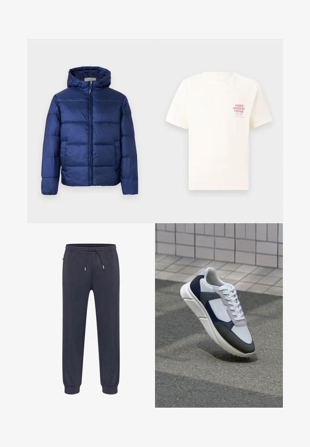 Mornarsko modra napihnjena jakna s kapuco, ki ima prešit dele, sprednji zip in elastične manšete za toploto in udobje.; Bela majica s kratkimi rokavi z rdečim napisom "Studio Originals Edition" na levi strani prsnega koša, prikazana na nevtralnem sivo backgroundu.; Temno mornarsko modre trenirke hlače z elastičnim pasom, nastavljivim vrvicama, stranskimi žepi in oprijetimi manšetami. Iz mehke in lahke tkanine.; Bela, mornarsko modra in siva športna obutev z mešano materialno zasnovo, ki vključuje teksturirano zgornji del, ravne vezalke in oblazinjen podplat.