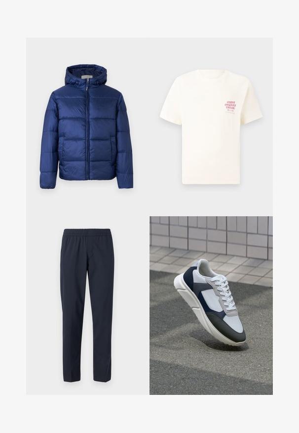 Tamno plava puffer jakna s kapuljačom, s ukrašenim dijelovima, prednjim patentnim zatvaračem i elastičnim manžetama za toplinu i udobnost.; Bijela kratka majica s kratkim rukavima s crvenim natpisom "Studio Originals Edition" na lijevoj strani grudi, prikazana na neutralnoj sivoj pozadini.; Tamno plave hlače s elastičnim pojasom, ravnim nogavicama, laganom tkaninom i bez vidljivih džepova ili ukrasa.; Bijela, mornarsko plava i siva tenisica s dizajnom od miješanih materijala, koja ima teksturirani gornji dio, ravne vezice i udoban đon.
