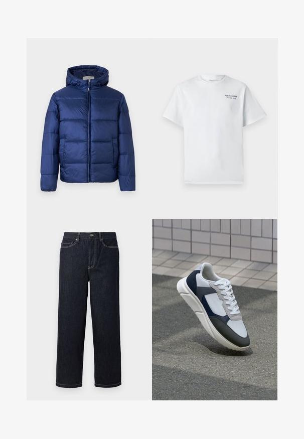 Ναυτικό μπλε φουσκωτό μπουφάν με κουκούλα, που διαθέτει γεμιστές περιοχές, μπροστινό φερμουάρ και ελαστικούς καρπούς για ζεστασιά και άνεση.; Άσπρη βαμβακερή μπλούζα με κοντά μανίκια και στρογγυλή λαιμόκοψη, με λογότυπο σε μικρό μαύρο κείμενο "J&J since 1990 Society Club" στο στήθος.; Σκούρες μπλε τζιν παντελόνες ίσιας γραμμής με πέντε τσέπες και λευκή αντίθεση ραφής, κλείσιμο με κουμπί και θηλιές ζώνης.; Λευκά, ναυτικά και γκρι sneakers με σχέδιο από μικτά υλικά, που διαθέτουν υφή στο πάνω μέρος, επίπεδα κορδόνια και μαλακή σόλα.
