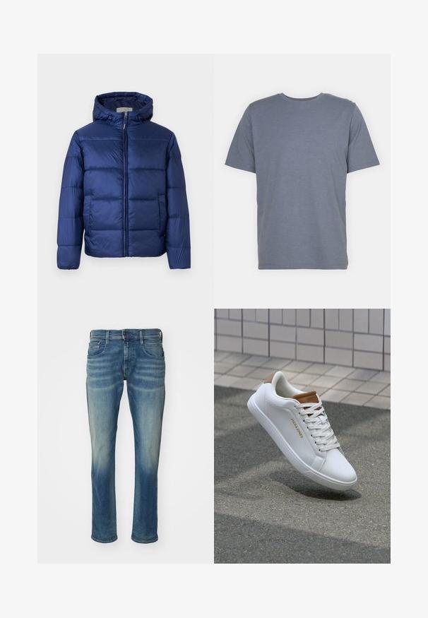 Casaco puffer azul-marinho com capuz, apresentando seções acolchoadas, um fecho dianteiro e punhos elásticos para calor e conforto.; T-shirt cinza de manga curta com gola redonda, feita de um tecido suave em mistura de algodão. Design simples, sem padrões ou detalhes.; Jeans de denim azul com um design de perna reta, apresentando um acabamento desbotado, cinco bolsos e fecho zip. Detalhes de costura clássica realçam o visual.; Sapatilhas brancas de couro com uma textura suave, detalhe em castanho no calcanhar, logo dourado na lateral e sola de borracha com uma aderência texturizada.