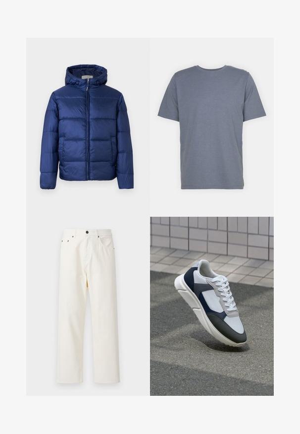 Tume sinine puhvis jope kapuutsiga, millel on tikkimisosa, eesnäpp ja elastsed mansetid sooja ja mugavuse tagamiseks.; Hall hallitusest lühikeste varrukatega T-särk ümmarguse kaelusega, valmistatud pehmest puuvillasegusest kangast. Lihtne disain, ilma mustrite või aktsentideta.; Jack & Jones JPSTALEX ORIGINAL - Baggy fit teksad - antique white; Valge, mereväe sinine ja hall spordijalats, millel on segatud materjalide disain, tekstureeritud ülemine osa, lame pael ja pehme talla.