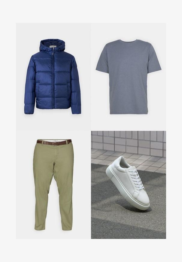Mornarsko modra napihnjena jakna s kapuco, ki ima prešit dele, sprednji zip in elastične manšete za toploto in udobje.; Siv majica s kratkimi rokavi in okroglo ovratnikom, izdelana iz mehkega bombažnega blaga. Preprost dizajn, brez vzorcev ali dodatkov.; Maslinasto zeleni hlače iz mešanice bombaža s ravnim krojem, z sprednjimi žepi in rjavim usnjenim pasom. Gladka tekstura in čist dizajn.; Bela usnjena teniska obutev z gladko površino, okroglo konico in ravnimi belimi vezalkami. Ima teksturiran gumijast podplat in minimalne oblikovalske elemente.