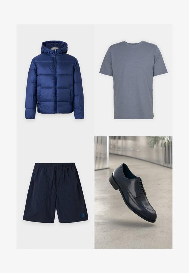 Doudoune bleu marine avec capuche, dotée de sections matelassées, d'une fermeture éclair à l'avant et de poignets élastiques pour chaleur et confort.; T-shirt gris à manches courtes avec un col rond, fabriqué en un doux tissu en mélange de coton. Design simple, sans motifs ni accents.; Shorts bleu marine en matériau léger avec une taille élastique et un petit logo carré GAP en bas à droite.; Souliers habillés en cuir noir brillant avec des lacets, flottant au-dessus d'un sol lisse gris clair et de barres métalliques verticales en arrière-plan.