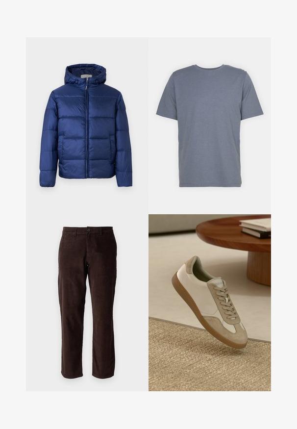 Ναυτικό μπλε φουσκωτό μπουφάν με κουκούλα, που διαθέτει γεμιστές περιοχές, μπροστινό φερμουάρ και ελαστικούς καρπούς για ζεστασιά και άνεση.; Γκρι κοντομάνικη μπλούζα με στρογγυλή λαιμόκοψη, φτιαγμένη από μαλακό ύφασμα μείγματος βαμβακιού. Απλός σχεδιασμός, χωρίς μοτίβα ή λεπτομέρειες.; Καφέ παντελόνι κοτλέ με ίσια γραμμή, διαθέτει κλείσιμο με κουμπί και διακριτή υφή. Ιδανικό για casual ή ημι-επίσημες περιστάσεις.; Ελαφρύ αθλητικό παπούτσι με λευκό δερμάτινο επάνω μέρος και μπεζ σουέτ λεπτομέρειες, στρογγυλή μύτη και υφή καφέ καουτσούκ σόλα.