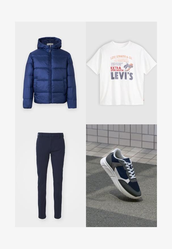 Giubbotto imbottito blu navy con cappuccio, caratterizzato da sezioni trapuntate, una zip frontale e polsini elasticizzati per calore e comfort.; T-shirt bianco in cotone con grafica frontale in rosso e blu navy: "LEVI STRAUSS & CO." e "EXTRA STRENGTH LEVI'S" con un'illustrazione di un cavallo.; Pantaloni blu navy con una texture liscia, design slim fit, passanti per cintura, chiusura a bottone e tasche frontali. Nessun motivo o dettaglio visibile.; Sneaker con tomaia in rete blu navy, inserti in suede grigio, suola in gomma bianca e lacci bianchi piatti, progettata per comfort e traspirabilità.
