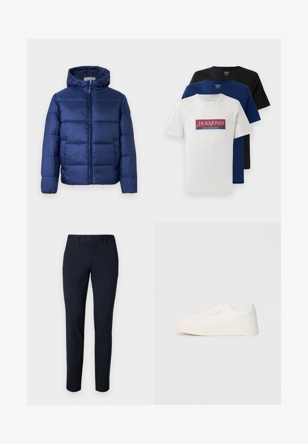 Ναυτικό μπλε φουσκωτό μπουφάν με κουκούλα, που διαθέτει γεμιστές περιοχές, μπροστινό φερμουάρ και ελαστικούς καρπούς για ζεστασιά και άνεση.; Τρία στοιβαγμένα κοντομάνικα μπλουζάκια με κωδικό crew neck σε λευκό χρώμα με κόκκινο και μπλε λογότυπο, ναυτικό μπλε και μαύρο, τοποθετημένα σε λευκό φόντο.; Ναυτικές παν trousers με λεπτές κατακόρυφες ρίγες, φτιαγμένες από ομαλό ύφασμα. Διαθέτουν κλείσιμο με κουμπί και κομψή εφαρμογή με ίσιες γραμμές.; Λευκά slip-on παπούτσια με υφή, παχύ πάτο και μινιμαλιστικό σχέδιο. Φέρει το λογότυπο της μάρκας στο πλάι.
