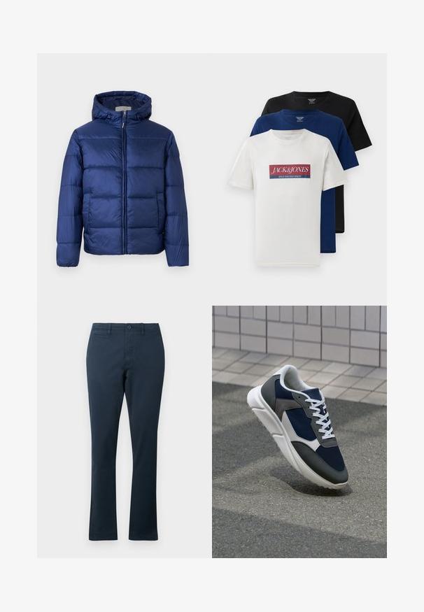 Casaco puffer azul-marinho com capuz, apresentando seções acolchoadas, um fecho dianteiro e punhos elásticos para calor e conforto.; Três t-shirts de gola redonda, de manga curta, empilhadas: uma branca com logotipo vermelho e azul, uma azul-marinho e uma preta, exibidas em fundo branco.; Calças azul-marinho em mistura de algodão com um design de pernas retas, apresentando bolsos frontais, fecho por botão e passantes para cinto. Textura suave.; Sapatilha com parte superior em malha azul-marinho, detalhes em camurça cinza, sola de borracha branca e atacadores brancos planos, projetada para conforto e respirabilidade.