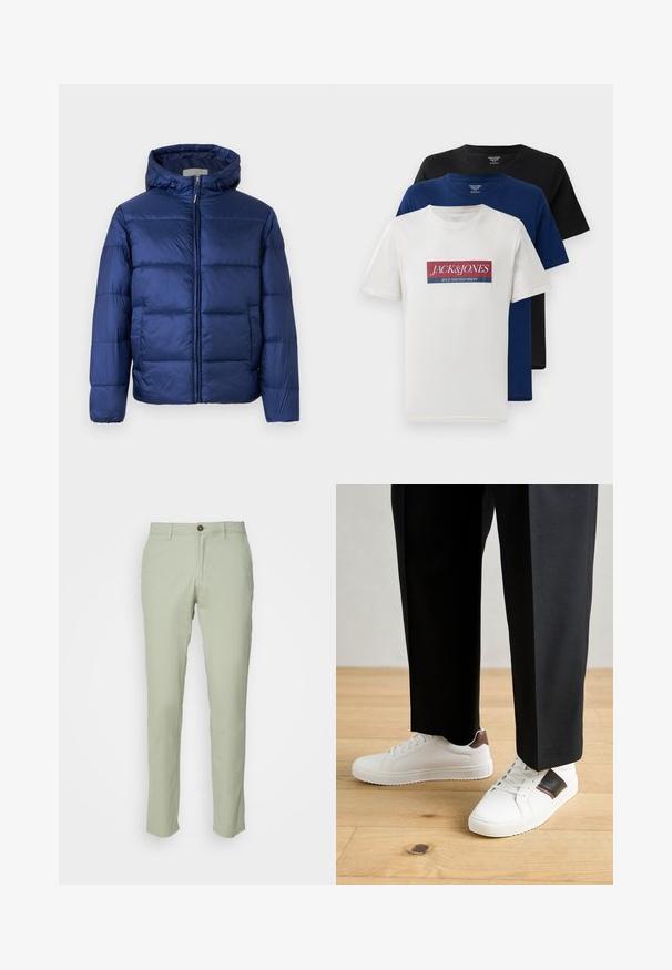Námorně modrá péřová bunda s kapucí, s prošívanými sekcemi, předním zipem a elastickými manžetami pro teplo a komfort.; Tři naskládané trička s krátkým rukávem a kulatým výstřihem v bílé barvě s červeným a modrým logem, tmavě modré a černé, vystavené na bílém pozadí.; Jack & Jones JPSTMARCO NOOS - Chino kalhoty - desert sage; Bílé tenisky s hladkým povrchem, s hnědými koženými akcenty a černými detaily, kombinované s černými kalhotami na míru. Pozadí tvoří dřevěná podlaha.