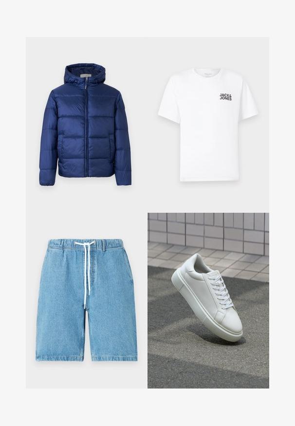 Tamno plava puffer jakna s kapuljačom, s ukrašenim dijelovima, prednjim patentnim zatvaračem i elastičnim manžetama za toplinu i udobnost.; Bijela pamučna majica, kratki rukavi, okrugli izrez. Sadrži crni tekstualni logo "JACK & JONES" na lijevoj strani prsnog dijela. Jednostavan, običan dizajn.; Svijetloplavi traper kratki hlače s elastičnim pojasom, bijelim vezicom i opuštenim krojem. Imaju glatku teksturu i obrubljene rubove.; Bijela kožna tenisica s glatkom površinom, okruglim vrhom i ravnim bijelim vezicama. Ima teksturiran gumeni potplat i minimalne dizajnerske elemente.