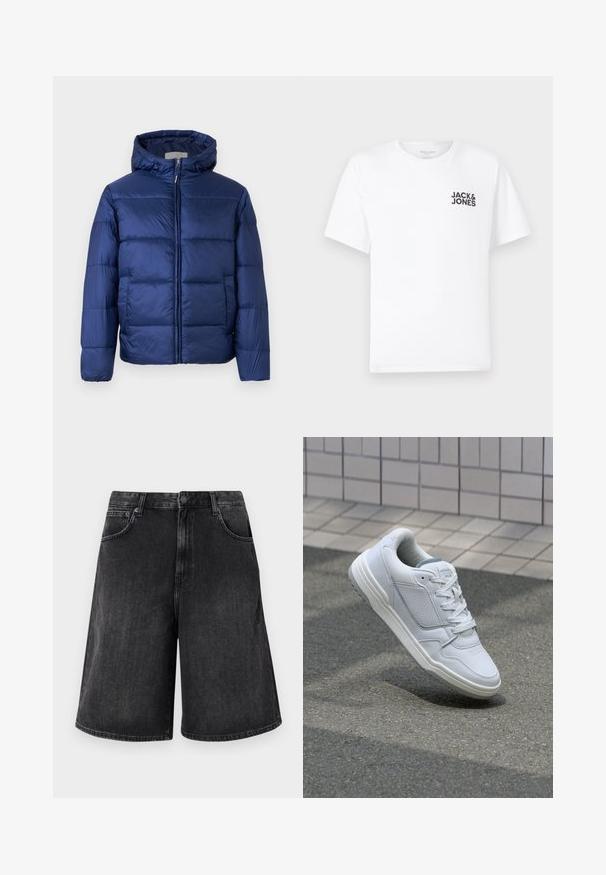 Dunkelblaues Steppjacke mit Kapuze, ausgestattet mit gesteppten Abschnitten, einem Reißverschluss vorne und elastischen Bündchen für Wärme und Komfort.; Weißes Baumwoll-T-Shirt mit kurzen Ärmeln und Rundhalsausschnitt. Enthält ein schwarzes Textlogo "JACK & JONES" auf der linken Brustseite. Einfaches, schlichtes Design.; Schwarze Jeans-Shorts mit einem weit geschnittenen, geraden Schnitt, mit einem Frontknopfverschluss und fünf Taschen. Weiche Textur mit einem verwehten Finish.; Weiße Ledersneaker mit perforierten Seiten, strukturierten Akzenten, flachen Schnürsenkeln und einer kontrastierenden grauen Ferse. Verfügt über eine leicht erhöhte Sohle.