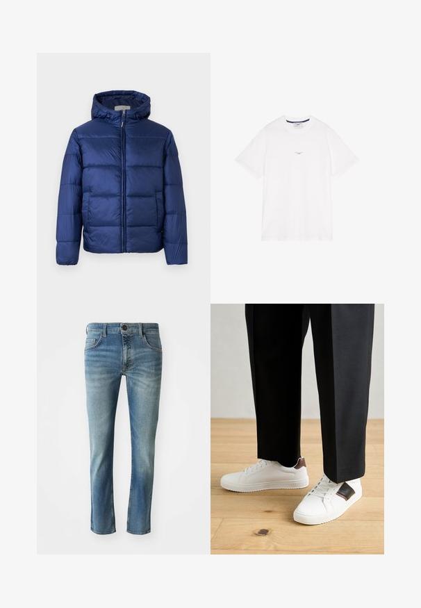 Granatowa kurtka puchowa z kapturem, z pikowanymi sekcjami, przednim zamkiem błyskawicznym i elastycznymi mankietami dla zapewnienia ciepła i komfortu.; Biała bawełniana koszulka z krótkimi rękawami, klasycznym dekoltem i subtelnym napisem na środku. Gładka tekstura i luźny fason.; Jasnoniebieskie dżinsy o prostym kroju, lekko przetarte nogawki, pięć kieszeni oraz zapięcie na guzik w talii.; Białe trampki o gładkiej fakturze, z brązowymi skórzanymi akcentami i czarnymi detalami, zestawione z czarnymi eleganckimi spodniami. Tło stanowi drewniana podłoga.