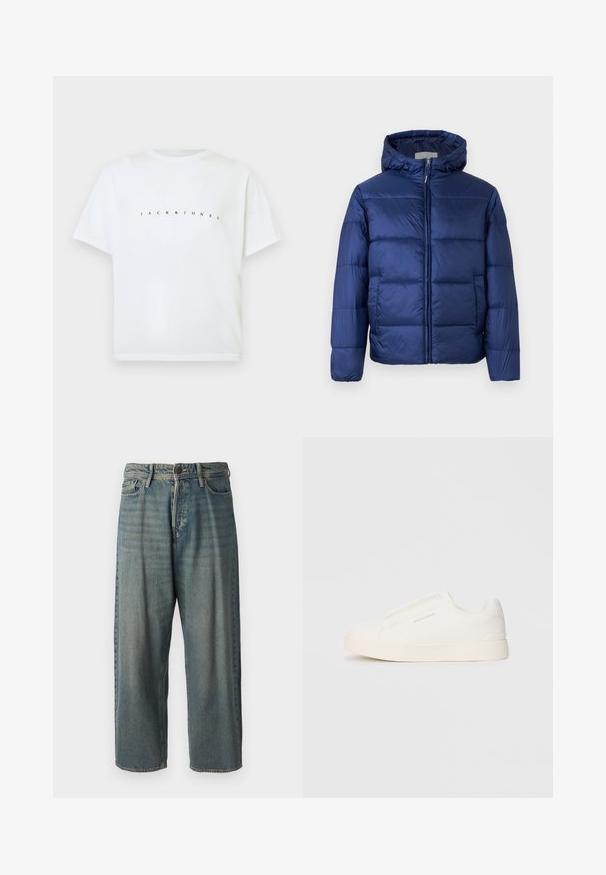 Marineblå puffjakke med hette, som har quiltede seksjoner, frontglidelås og elastiske mansjetter for varme og komfort.; Hvit kortermet t-skjorte i bomull med "JACK & JONES" trykt over brystet med små, mellomroms svarte bokstaver.; Lyseblå denimjeans med løs passform, midjehøyde og rette ben. Har fem lommer, beltehemper og knappelukking.; Hvite slip-on joggesko med teksturert overflate, tykk såle og minimalistisk design. Har merkevarelogo på siden.